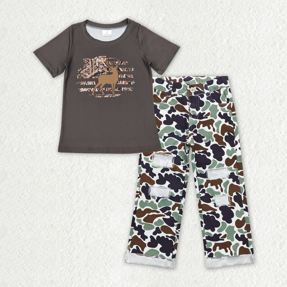Sibling Baby Boys Short Sleeves Deer Fishing Shirt Camo Pockets Pants Hunting Pajamas Clothes Sets RTS