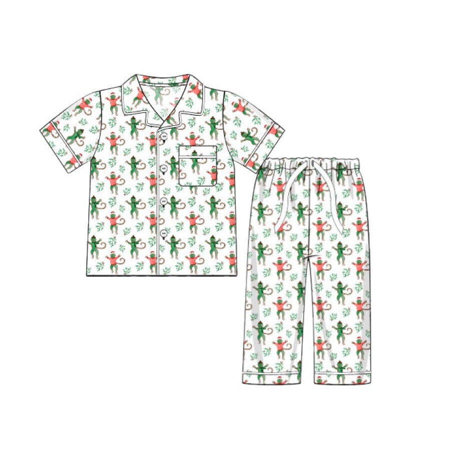 Pre-order Baby Boy Christmas Monkey Buttons Shirt Pants Pajamas Clothes Set