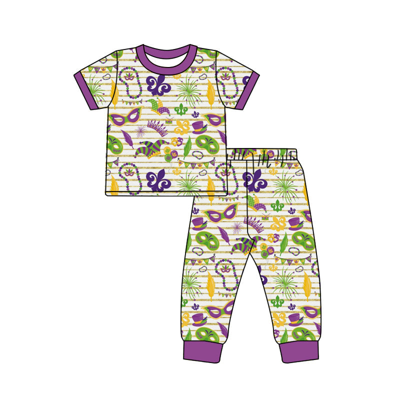 Pre-order Baby Kids Mardi Gras Stripes Shirt Pants Pajamas Set