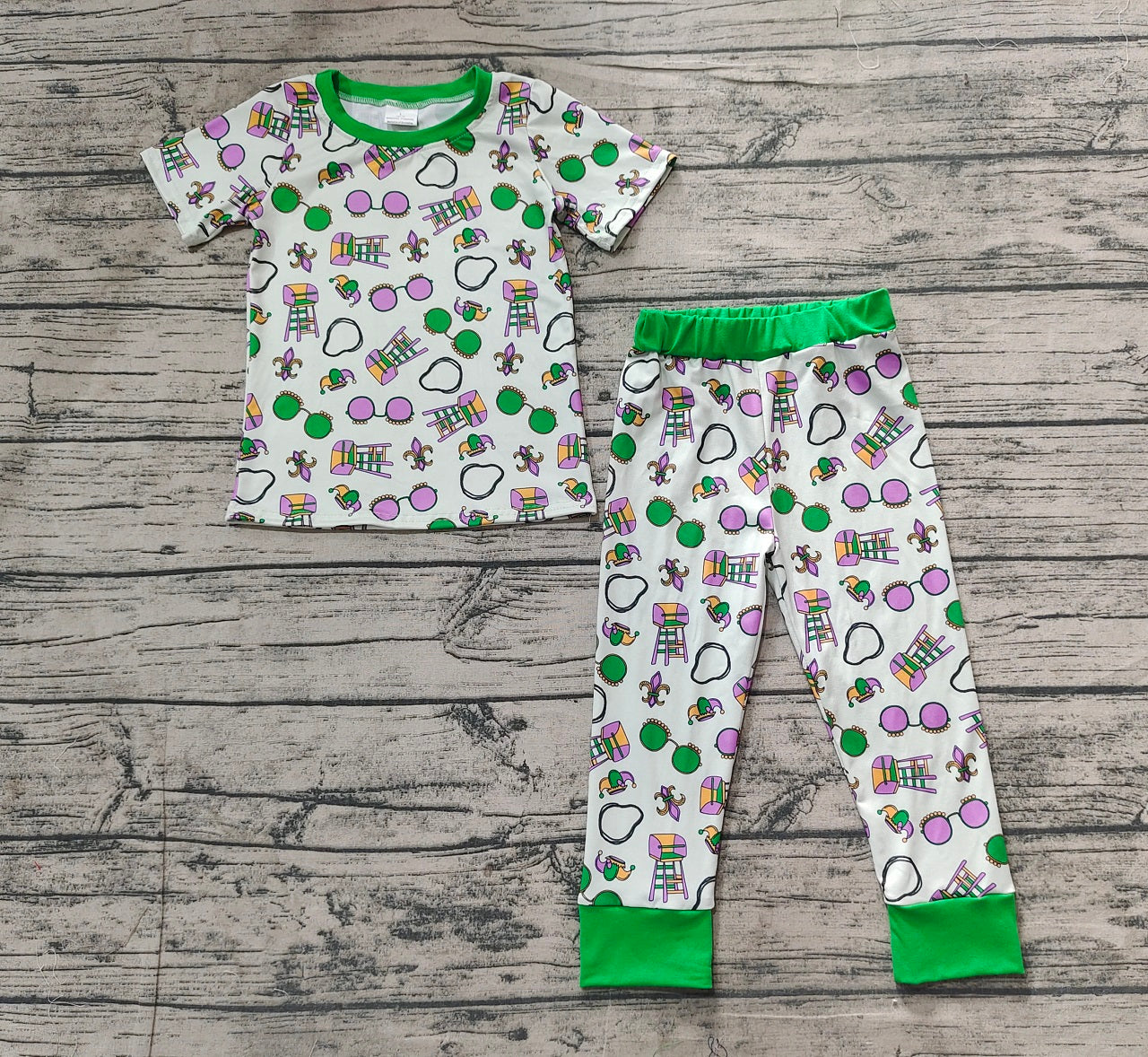 Baby Boy Short Sleeves Mardi Gras Shirt Pants Pajamas Green Clothes Set