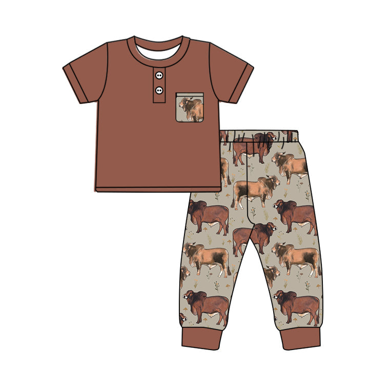Pre-order Baby Girl Short Sleeves Pocket Brown Shirt Western Cows Pants Clothes Set