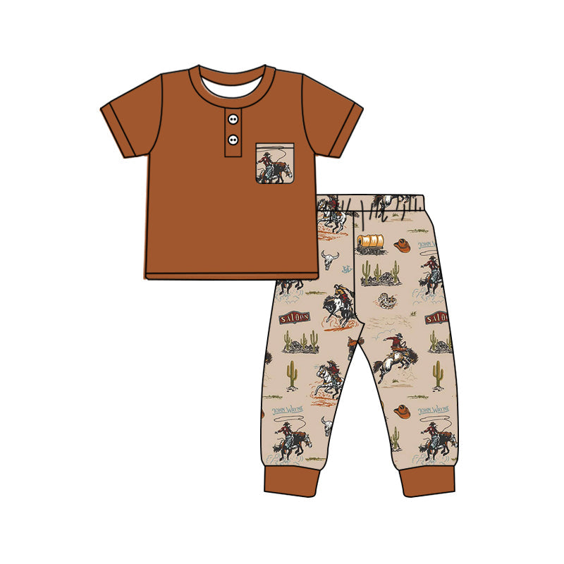 Pre-order Baby Boy Short Sleeves Brown Shirt Western Rodeo Pants Outfit Clothes Set