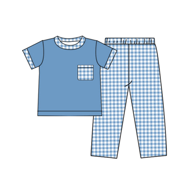 Preorder Baby Boy Short Sleeves Pocket Shirt Plaid Pants Clothes Pajamas Blue Set
