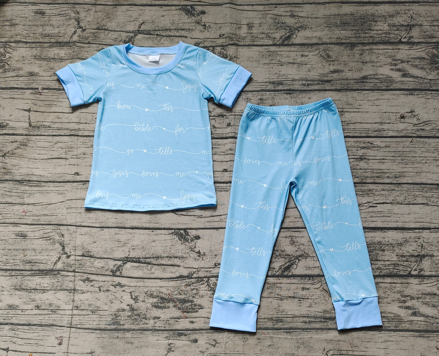 Baby Boy Short Sleeves Green Jesus Love Shirt Pants Pajamas Set RTS