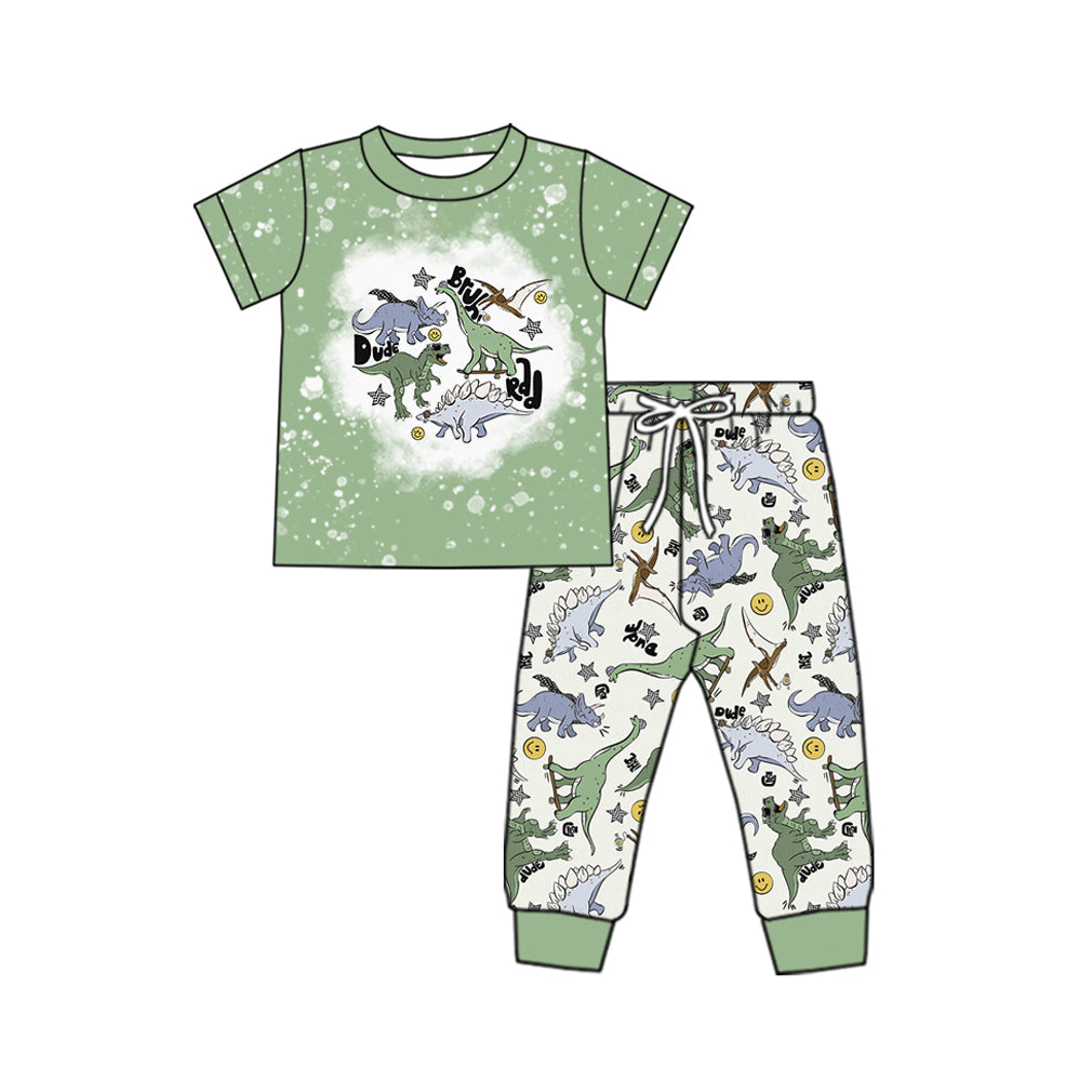 Preorder Baby Boy Short Sleeves Green Dinosaurs Shirts Jogger Clothes Set