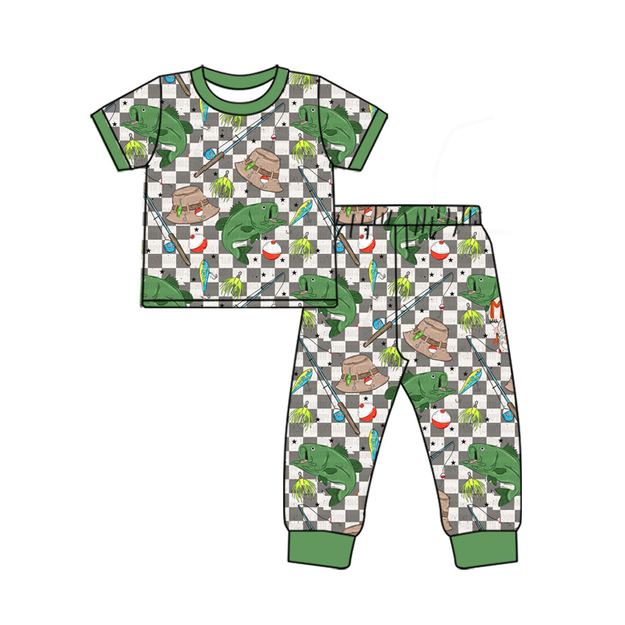 Preorder Baby Boy Short Sleeves Shirt Checkered Fishing Pants Pajamas Clothes Set