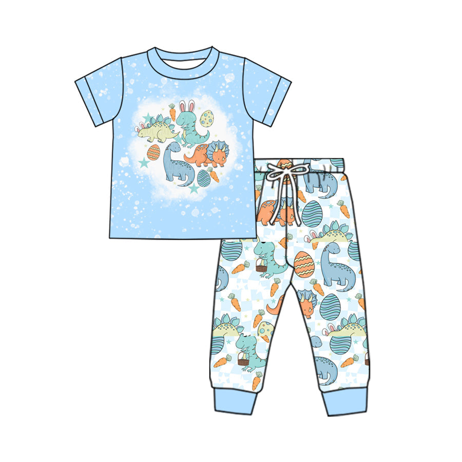 Preorder Baby Boy Blue Short Sleeves Easter Dinosaurs Eggs Shirt Jogger Pants Clothes Set
