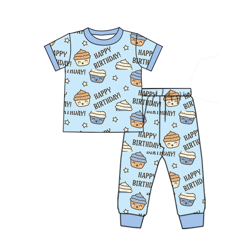 Preorder Baby Boy Short Sleeves Happy Birthday Cakes Shirt Pants Pajamas Clothes Set