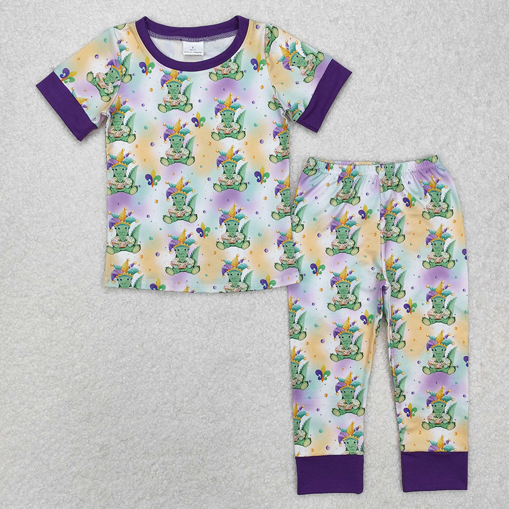 Baby Boy Girl Mardi Gras Crocodile Sibling Romper Pajamas Set