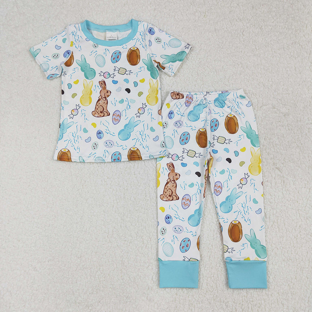 Baby Boy Girl Short Sleeves Easter Rabbits Eggs Sibling Romper Pajamas Set RTS