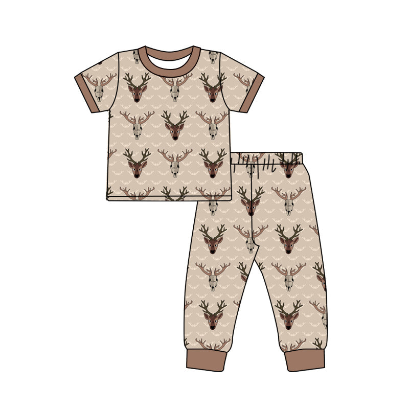 ( Moq 5 ) Preorder Baby Boy Brown Short Sleeves Deer Top Pants Western Pajamas Set