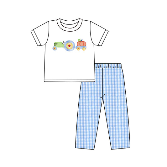 ( Moq 5 ) Preorder Baby Boy Short Sleeves Truck Pumpkins Shirt Blue Plaid Pants Set