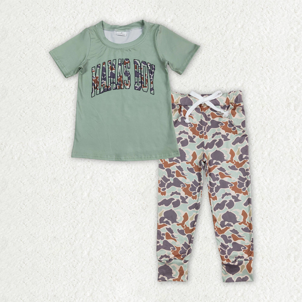 Baby Kids Toddler Green Short Sleeves Mama's Boy Shirt Pockets Camo Pants Outfit RTS