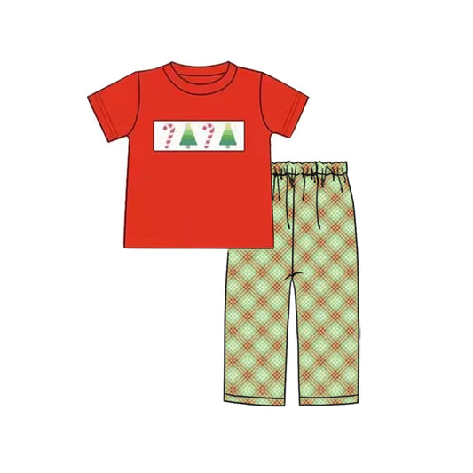 ( Moq 5 ) Preorder Baby Boy Short Sleeves Tree Candy Cane Red Shirt Green Plaid Pants Christmas Set