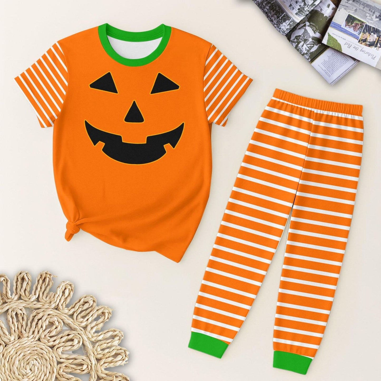 ( Moq 5 ) Preorder Baby Boy Short Sleeves Halloween Pumpkin Shirt Stripes Pants Orange Pajamas Clothes Set