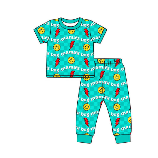 ( Moq 5 ) Boys Kids Short Sleeves Mama's Boy Smile Shirt Pants Checked Pajamas Clothes Set