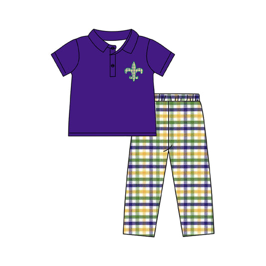 ( Moq 5 ) Preorder Boys Kids Short Sleeves Purple Buttons Shirt Plaid Pants Mardi Gras Set