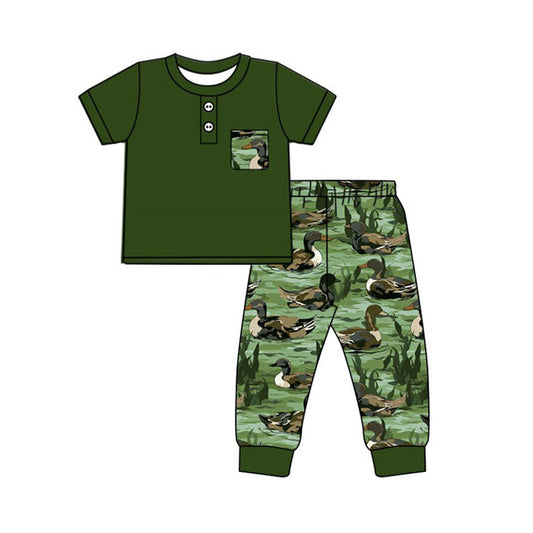( Moq 5 ) Preorder Boys Kids Short Sleeves Buttons Pocket Shirt Ducks Pants Green Set