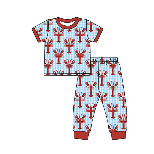 ( Moq 5 ) Preorder Boys Kids Short Sleeves Crayfish Plaid Shirt Pants Pajamas Clothes Set