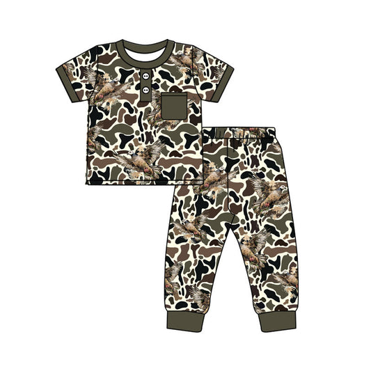 ( Moq 5 ) Preorder Boys Kids Short Sleeves Ducks Camo Pocket Shirt Pants Clothes Set