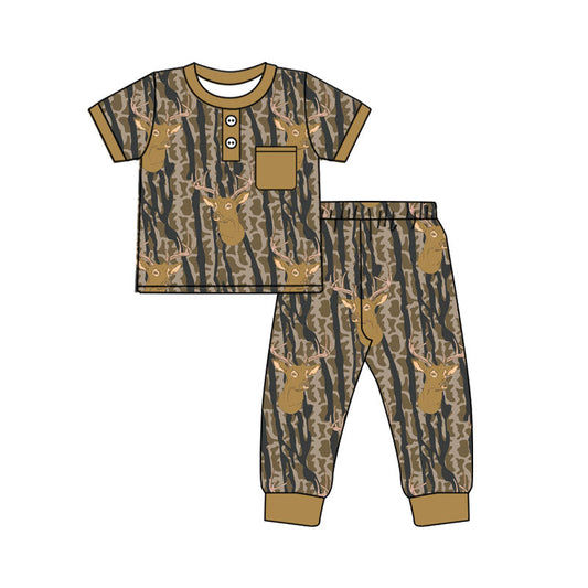 ( Moq 5 ) Preorder Boys Kids Short Sleeves Deer Camo Pocket Shirt Pants Clothes Set