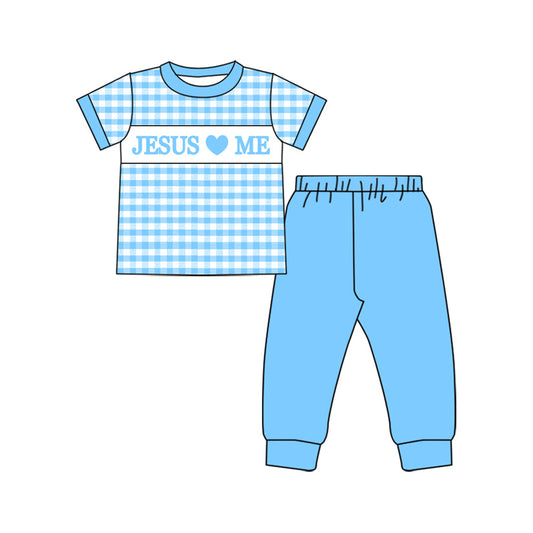 ( Moq 5 ) Preorder Boys Kids Short Sleeves Jesus Loves Plaid Shirt Blue Pants Set