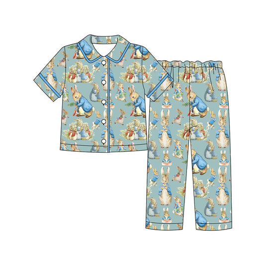 ( Moq 5 ) Preorder Girls Kids Short Sleeves Rabbits Buttons Shirt Pants Easter Pajamas Set