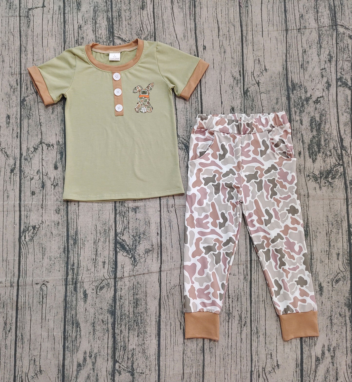 ( No moq ) Preorder Boys Kids Short Sleeves Embroidery Rabbit Shirt Camo Pants Easter Set