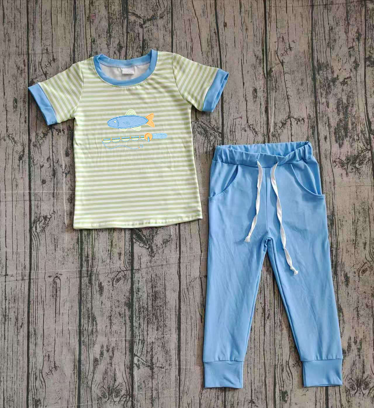 ( No moq ) Preorder Baby Boys Stripes Short Sleeves Embroidery Fishing Shirt Pockets Blue Pants Set