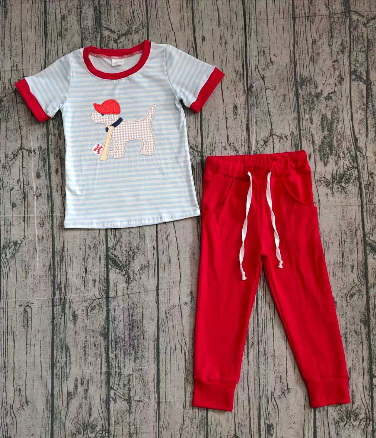 ( Moq 5 ) Preorder Baby Boys Embroidery Dog Baseball Stripes Shirt Red Pockets Pants Set