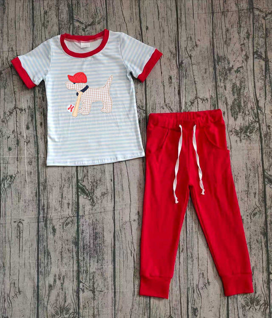 ( Moq 5 ) Preorder Baby Boys Embroidery Dog Baseball Stripes Shirt Red Pockets Pants Set