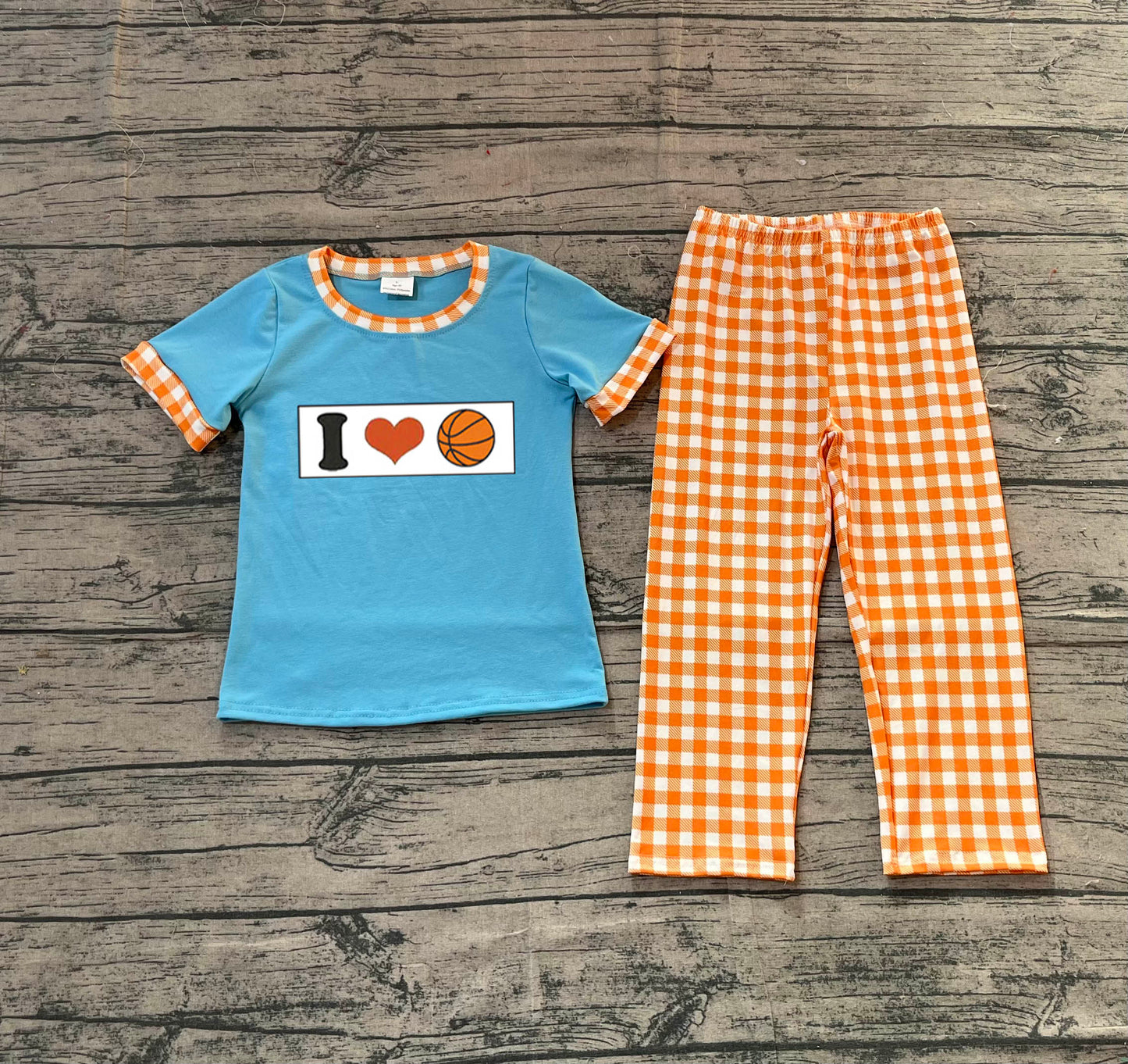 ( No moq ) Preorder Baby Boys Embroidery I Love Basketball Blue Shirt Plaid Pants Clothes Set