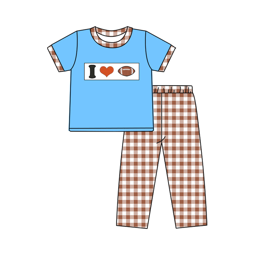 ( Moq 5 ) Preorder Baby Boys Short Sleeves I Love Football Blue Shirt Plaid Pants Clothes Set