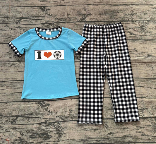 ( No moq ) Preorder Baby Boys Embroidery I Love Soccer Blue Shirt Plaid Pants Clothes Set