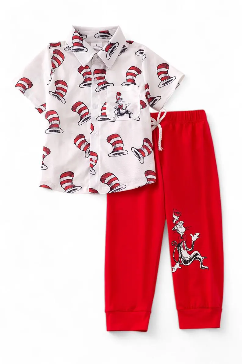 ( Moq 5 ) Preorder Baby Boys Short Sleeves Reading Hats Buttons Shirt Red Pants Clothes Set
