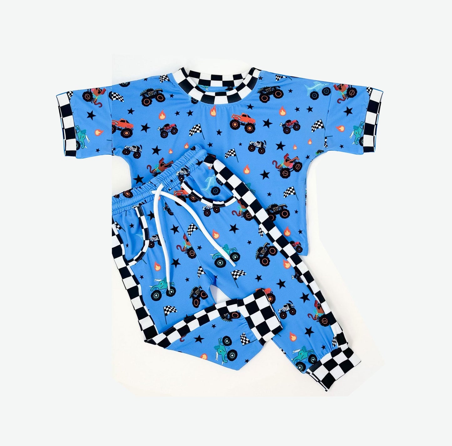 ( Moq 5 ) Preorder Baby Boys Blue Short Sleeves Trucks Flags Shirt Pockets Pants Clothes Set