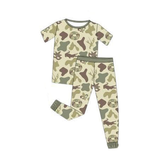 ( Moq 5 ) Preorder Baby Girls Donuts Masks Shirt Green Camo Pants Pajamas Mardi Gras Set