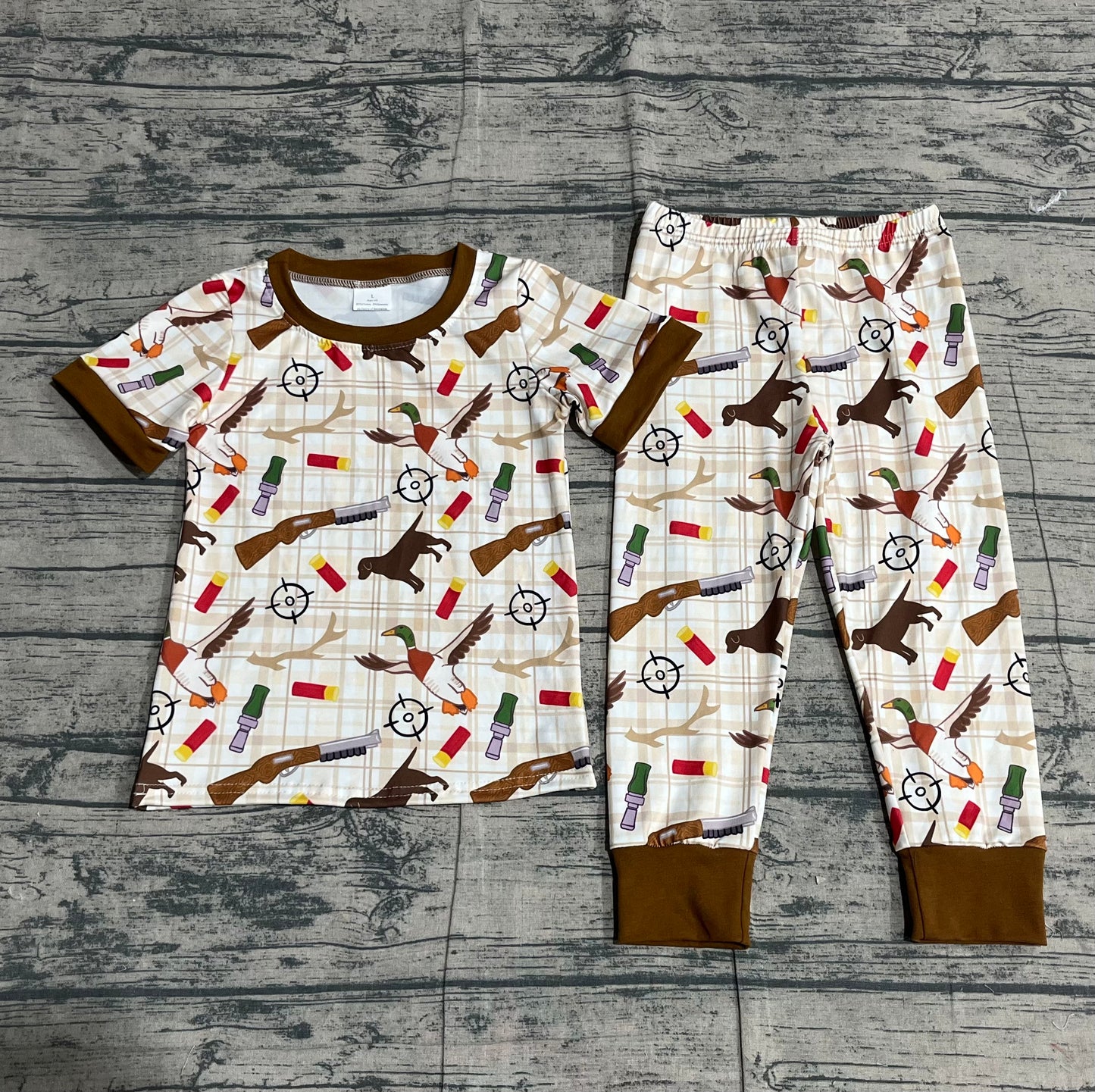 Baby Boys Short Sleeves Ducks Dogs Plaid Shirt Pants Pajamas Hunting Outfit RTS