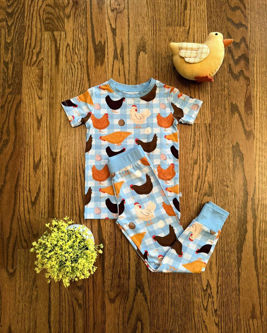 ( Moq 5 ) Preorder Baby Boys Short Sleeves Chicken Eggs Shirt Pants Plaid Pajamas Set