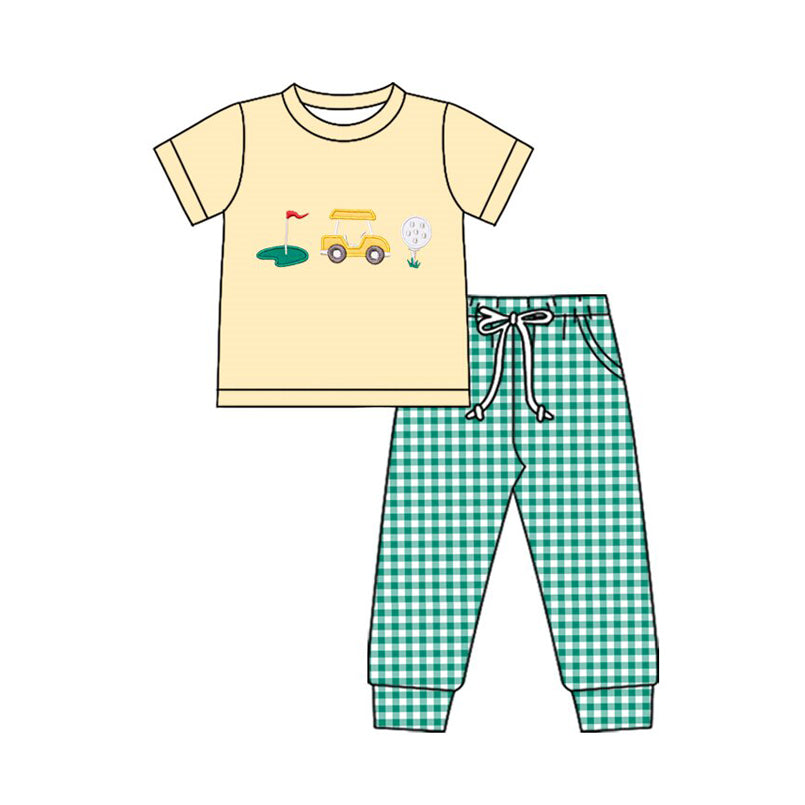 ( Moq 5 ) Preorder Baby Boys Short Sleeves Golf Shirt Green Plaid Pockets Pants Clothes Set