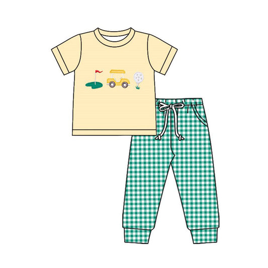 ( Moq 5 ) Preorder Baby Boys Short Sleeves Golf Shirt Green Plaid Pockets Pants Clothes Set