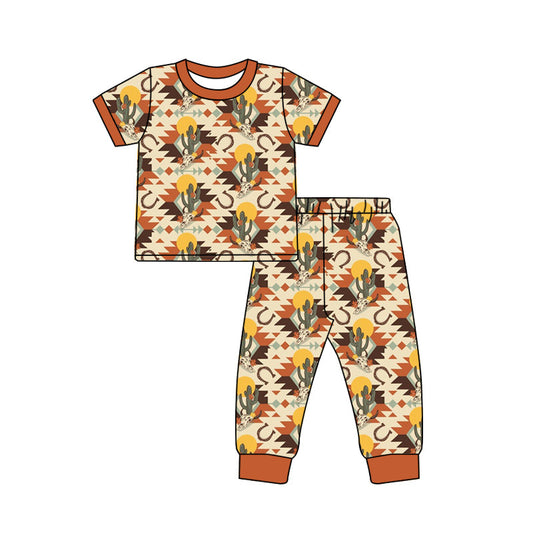 ( Moq 5 ) Preorder Baby Boys Kids Short Sleeves Shirt Pants Aztec Cactus Western Pajamas Set