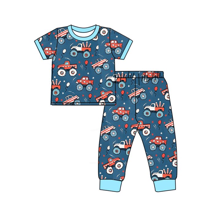 ( Moq 5 ) Preorder Baby Boys Kids Short Sleeves Trucks Shirt Pants 4th of July Pajamas Set