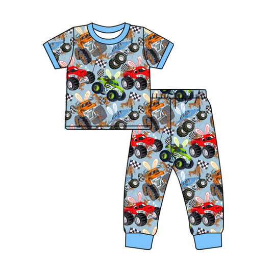 ( Moq 5 ) Preorder Baby Boys Short Sleeves Shirt Trucks Rabbits Pants Pajamas Easter Clothes Set