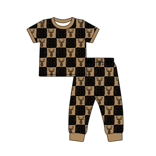 ( Moq 5 ) Preorder Baby Boys Kids Short Sleeves Deer Plaid Shirt Pants Pajamas Set Clothes
