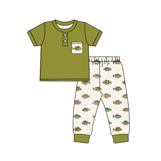 ( Moq 5 ) Preorder Baby Boys Kids Short Sleeves Pocket Green Shirt Fish Pants Set Clothes