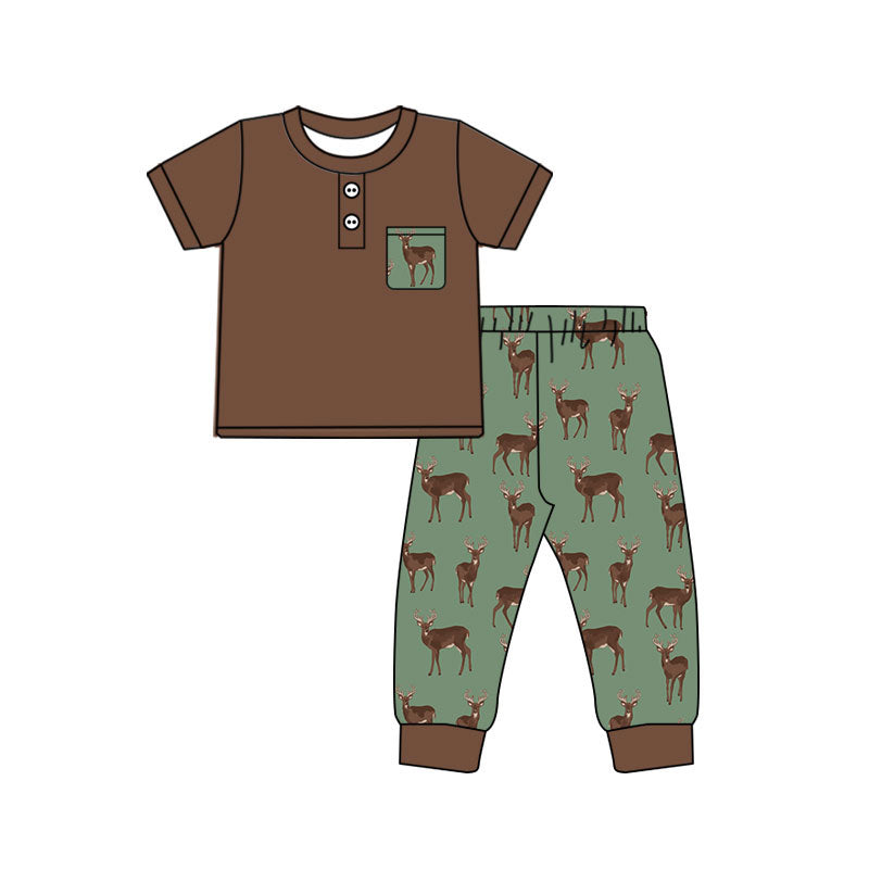 ( Moq 5 ) Preorder Baby Boys Kids Short Sleeves Pocket Buttons Shirt Deer Pants Set Clothes