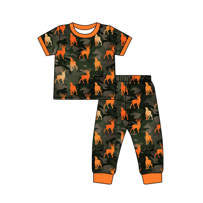 ( Moq 5 ) Preorder Baby Boys Kids Short Sleeves Deer Camo Shirt Pants Set Pajamas Hunting Clothes