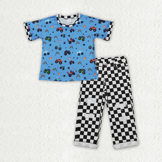Baby Boys Kids Short Sleeves Trucks Shirt Checked Denim Jeans Pants Set RTS