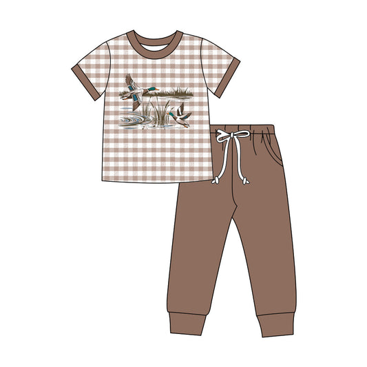( Moq 5 ) Preorder Baby Boys Short Sleeves Ducks Plaid Shirt Pockets Pants Set Clothes